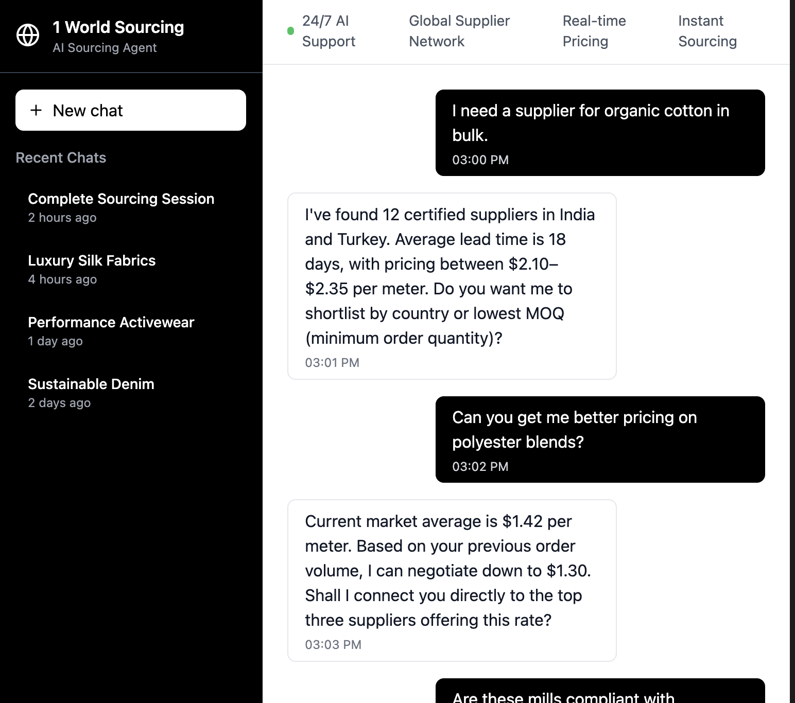 AI-powered textile sourcing agent dashboard with supplier data and recommendations